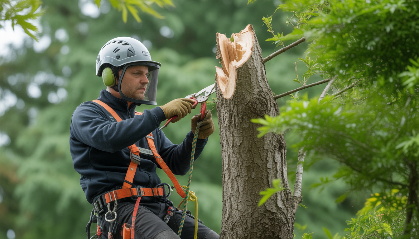 Arboriste professionnel effectuant un élagage d'arbre en hauteur dans une zone résidentielle de l'agglomération lyonnaise, équipé d'un harnais, casque et équipement de sécurité
