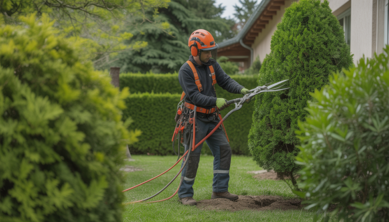 Arboriste professionnel réalisant l'entretien arbres ouest lyonnais dans un jardin résidentiel bien entretenu