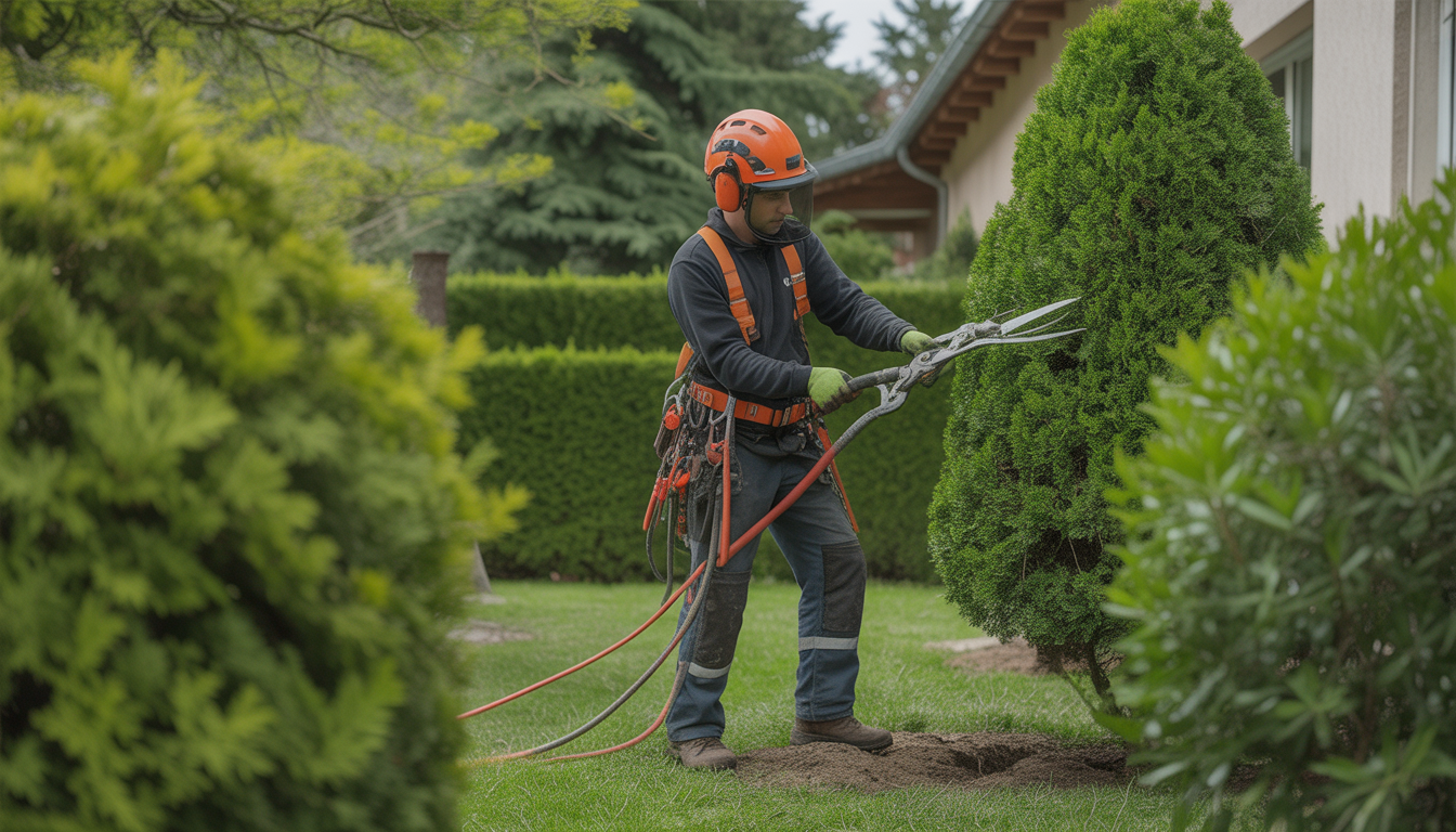 Arboriste professionnel réalisant l'entretien arbres ouest lyonnais dans un jardin résidentiel bien entretenu