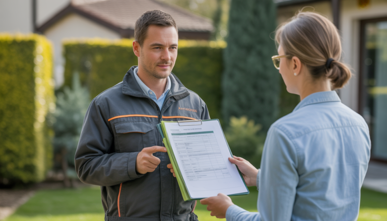 Arboriste professionnel présentant des documents de réglementation taille de haie Lyon 2026 à un propriétaire dans un jardin bien entretenu avec haie taillée