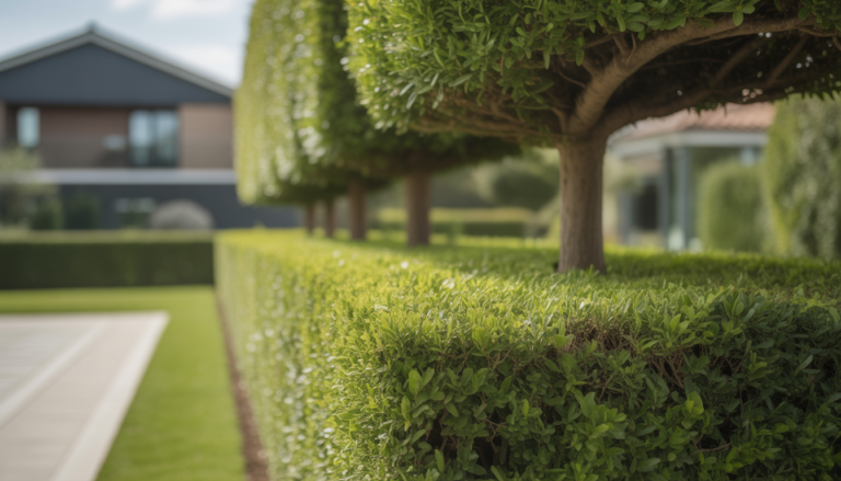 Haie soigneusement taillée dans un jardin résidentiel proche de Lyon, démontrant une taille de haie ouest lyonnais professionnelle avec une lumière naturelle douce et une maison contemporaine en arrière-plan