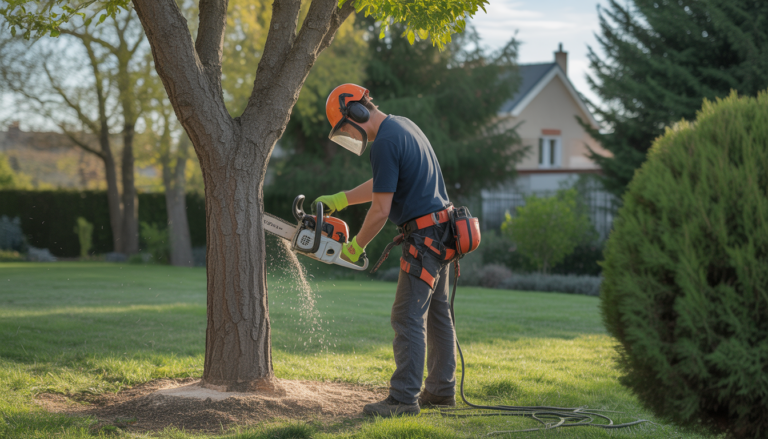 Arboriste professionnel en équipement de sécurité élaguant un arbre dans un jardin résidentiel bien entretenu à Lyon ouest