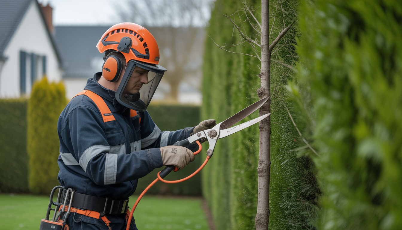 Arboriste professionnel en équipement de sécurité effectuant l'entretien arbres ouest lyonnais dans un jardin résidentiel soigné