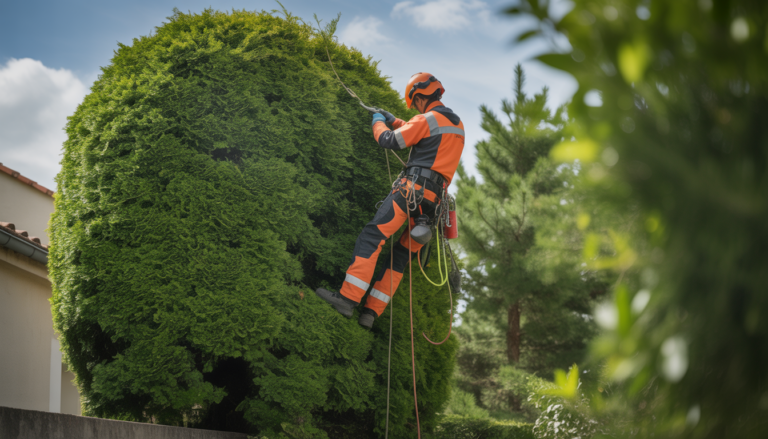 Arboriste certifié en équipement de sécurité complet élaguant un grand arbre en bonne santé dans un jardin résidentiel près de Lyon, travail professionnel d'élagage arbre particulier Lyon ouest lyonnais tarif 2025 2026