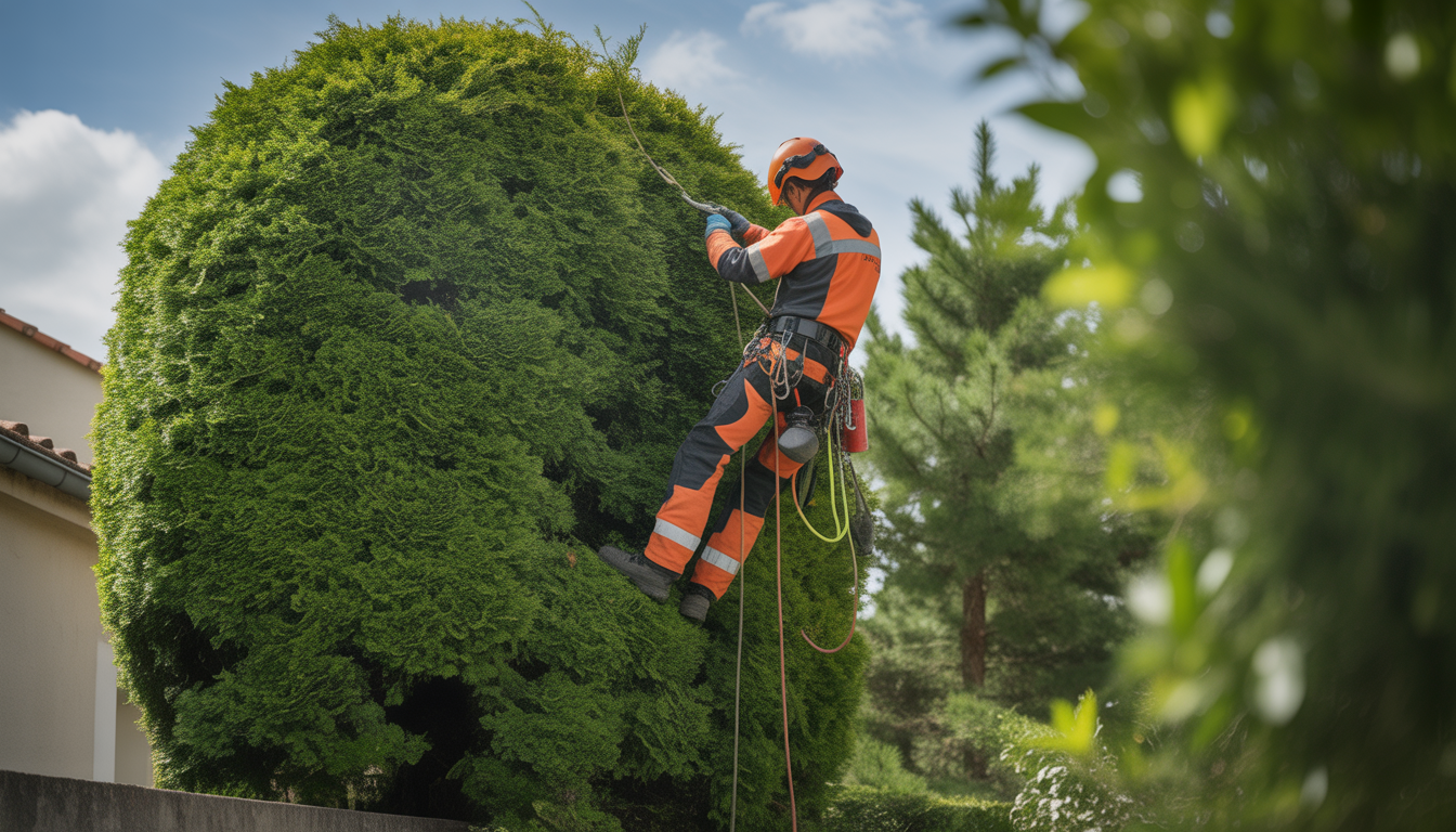 Arboriste certifié en équipement de sécurité complet élaguant un grand arbre en bonne santé dans un jardin résidentiel près de Lyon, travail professionnel d'élagage arbre particulier Lyon ouest lyonnais tarif 2025 2026