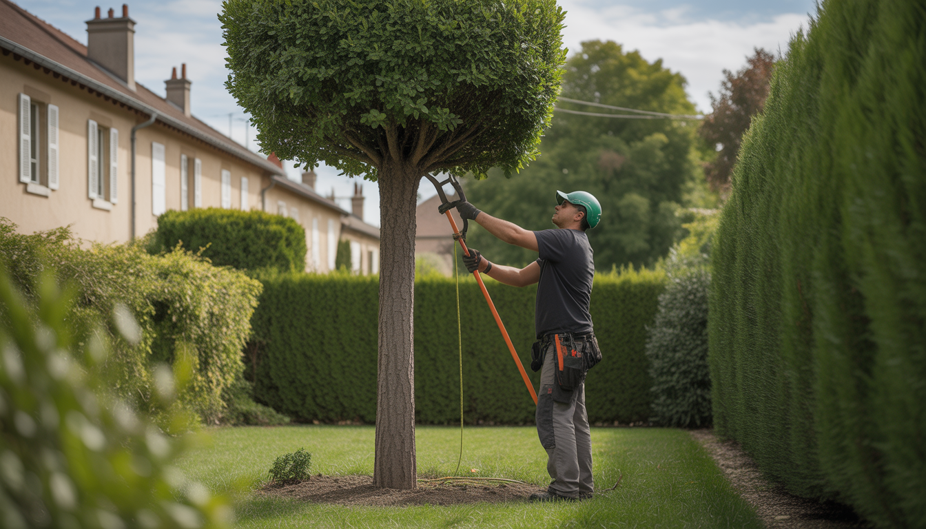 Arboriste professionnel réalisant l’élagage arbre dans un jardin résidentiel soigné à Tassin-la-Demi-Lune près de Lyon, maisons traditionnelles lyonnaises en arrière-plan