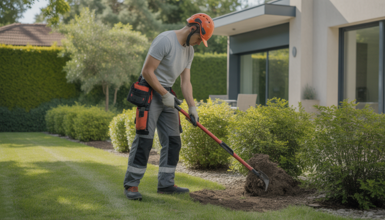 Technicien paysagiste effectuant un débroussaillage avant été dans un jardin résidentiel près de Lyon avec arbustes contrôlés et pelouse soignée