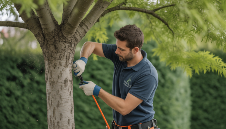 Arboriste professionnel élaguant un arbre dans un jardin résidentiel près de Tassin-la-Demi-Lune à Lyon