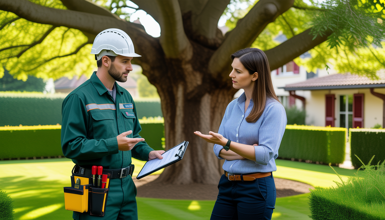 Arboriste professionnel en uniforme discutant d'un tarif élagage arbre particulier Lyon 69 avec un propriétaire devant un arbre majestueux dans un jardin à Lyon