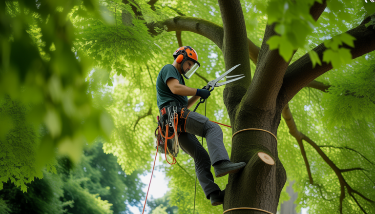 Arboriste certifié en tenue de sécurité complète grimpant un arbre majestueux et sain, réalisant un élagage précis dans un jardin luxuriant de l'ouest lyonnais