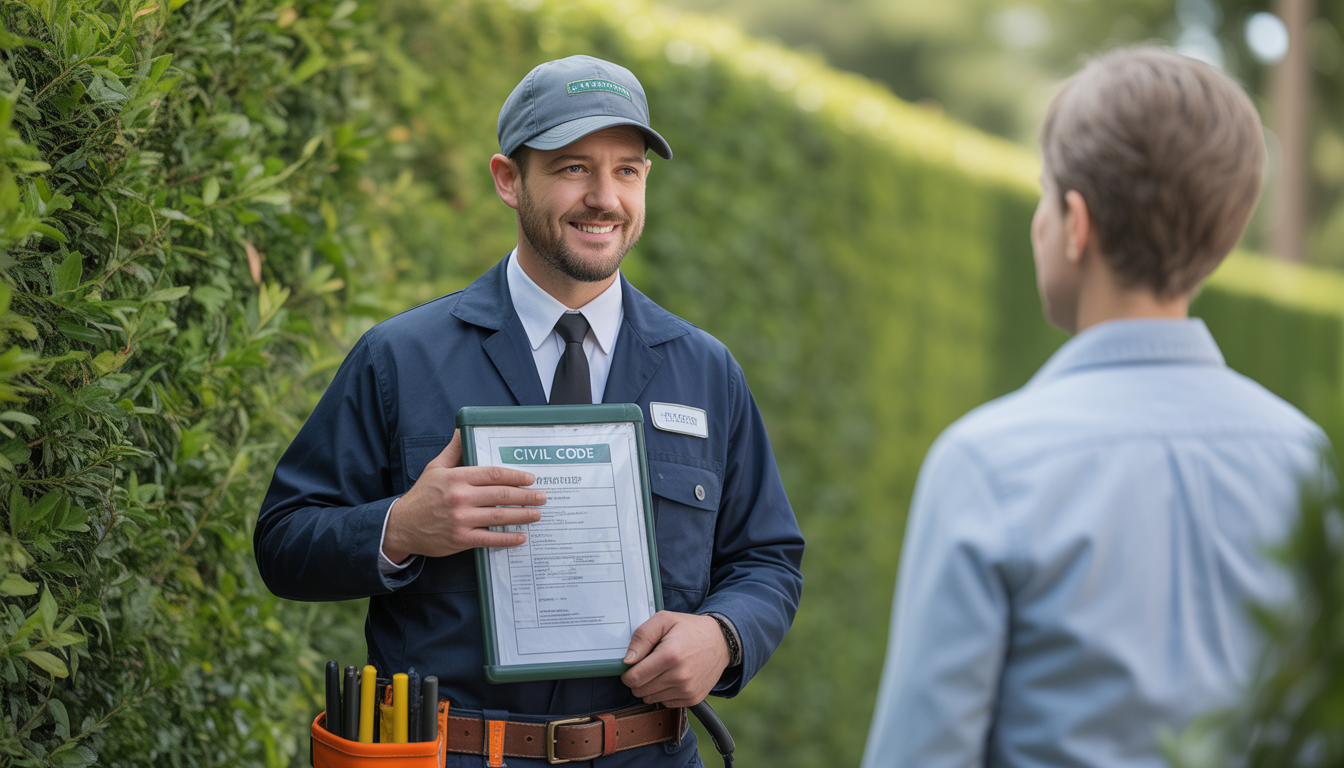 Professional arborist explaining the distance plantation haie voisin rules to a homeowner near a well-maintained hedge outdoors