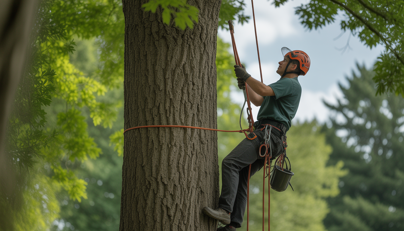 Élagueur certifié grimpant un arbre de grande hauteur avec harnais et casque dans une zone résidentielle à Tassin-la-Demi-Lune près de Lyon, intervention professionnelle pour copropriété