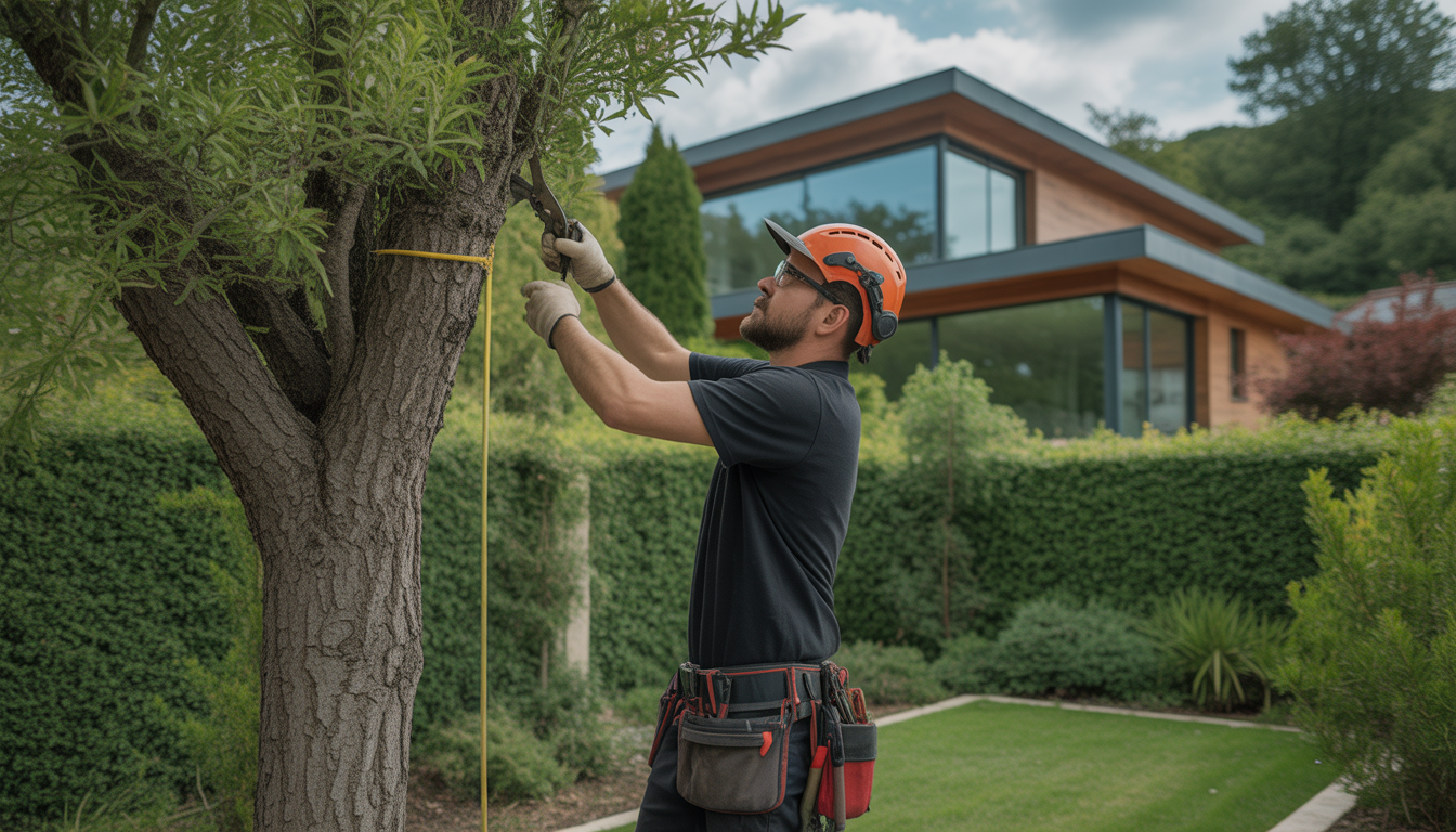Arboriste professionnel en train d'élaguer un arbre dans un jardin résidentiel près de Lyon, ouest lyonnais, avec une maison contemporaine en arrière-plan