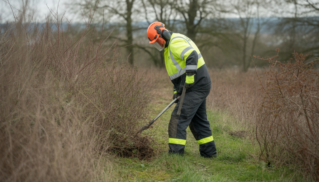 Technicien professionnel en débroussaillage éliminant broussailles et arbustes dans l'ouest lyonnais