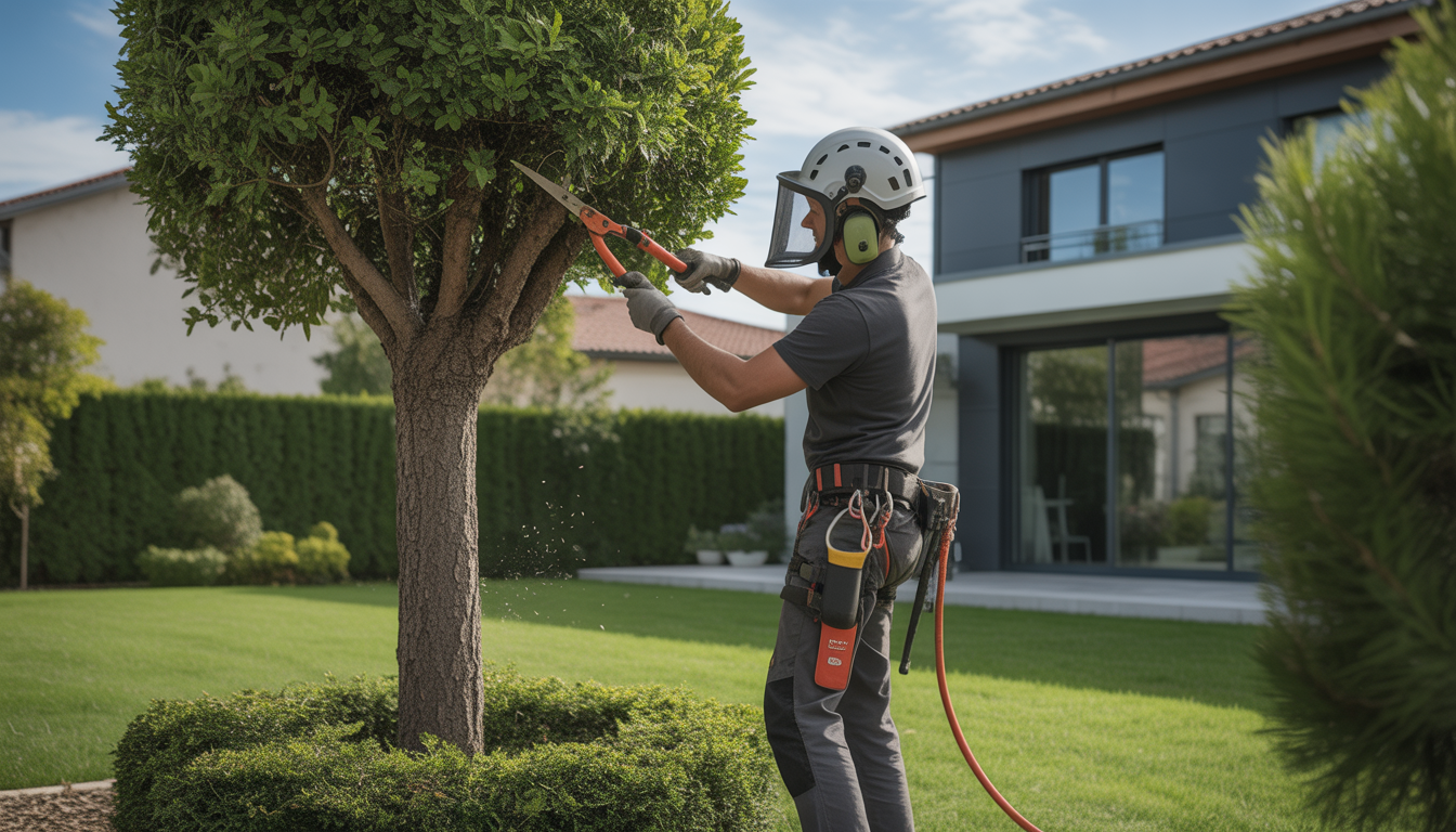 Élagueur professionnel à Lyon portant un casque et un harnais, taillant un arbre bien entretenu dans un jardin résidentiel avec une maison contemporaine en arrière-plan