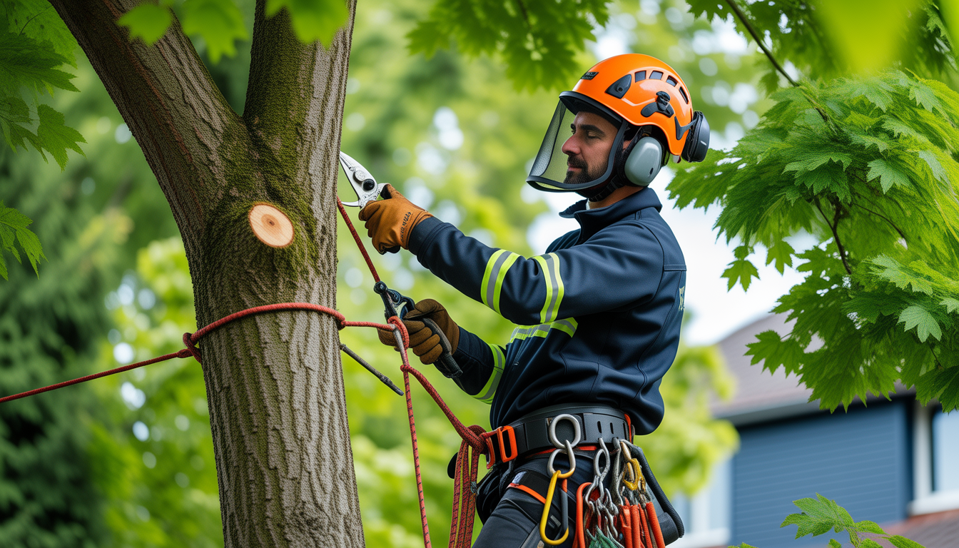 Arboriste professionnel en tenue de sécurité effectuant l'entretien arbres ouest lyonnais avec équipement d'escalade