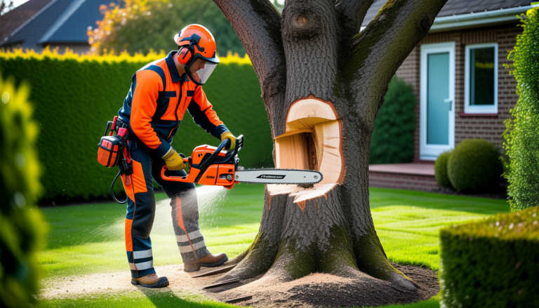 Élagueur professionnel en équipement de sécurité complet utilisant une tronçonneuse sur un grand arbre dans un jardin résidentiel à Lyon Ouest