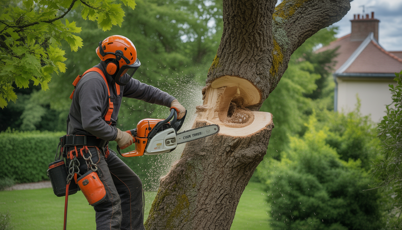 Arboriste certifié équipé d'un harnais, casque et tronçonneuse travaillant en hauteur dans un chêne majestueux pour le traitement des chenilles processionnaires, jardin résidentiel près de Lyon