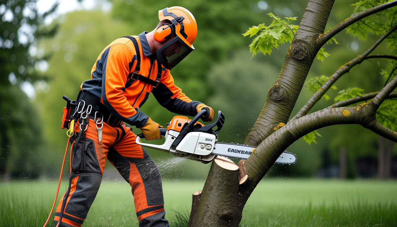 Entretien arbres ouest lyonnais par un arboriste professionnel avec équipement de sécurité complet, taille précise des branches à la tronçonneuse