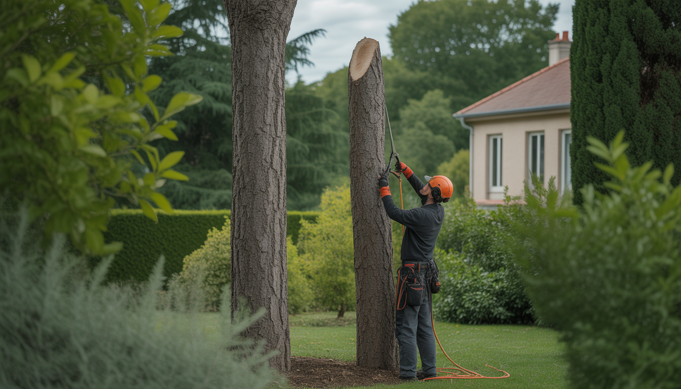 Arboriste professionnel en train d'élaguer un arbre haut dans un jardin résidentiel à l'ouest de Lyon