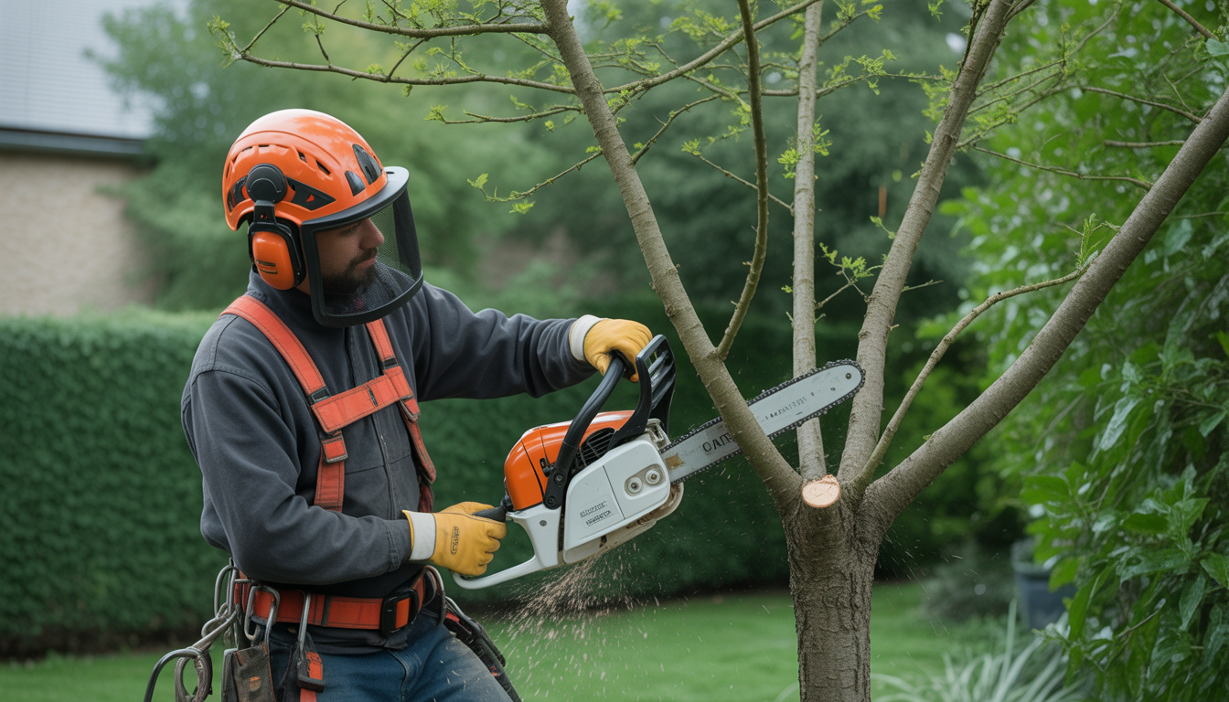 Arboriste professionnel en harnais élaguant des branches d'arbre avec précision dans un jardin résidentiel près de Craponne à Lyon