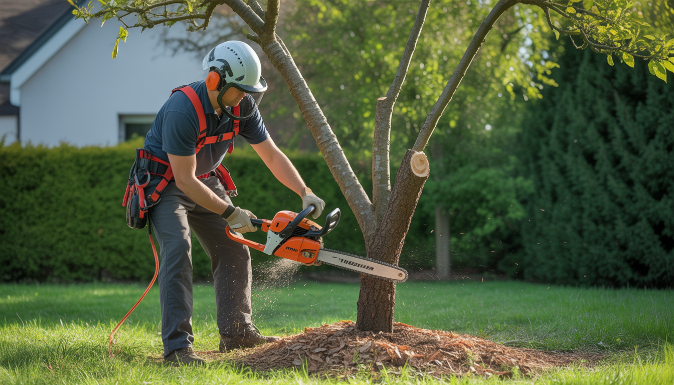 Élagueur professionnel effectuant une taille légère d'un arbre fruitier avec équipement sécurisé dans un jardin résidentiel proche de Lyon