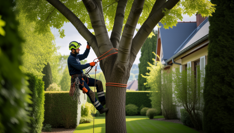 Élagueur professionnel certifié en tenue de sécurité complète grimpant un arbre majestueux dans un jardin résidentiel à Lyon Ouest
