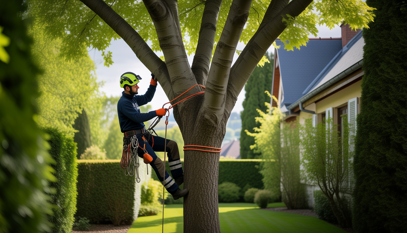 Élagueur professionnel certifié en tenue de sécurité complète grimpant un arbre majestueux dans un jardin résidentiel à Lyon Ouest