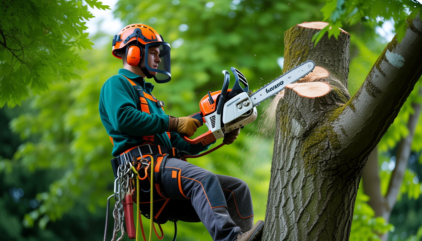 Arboriculteur professionnel effectuant l'entretien arbres ouest lyonnais avec équipement de sécurité complet dans un jardin résidentiel