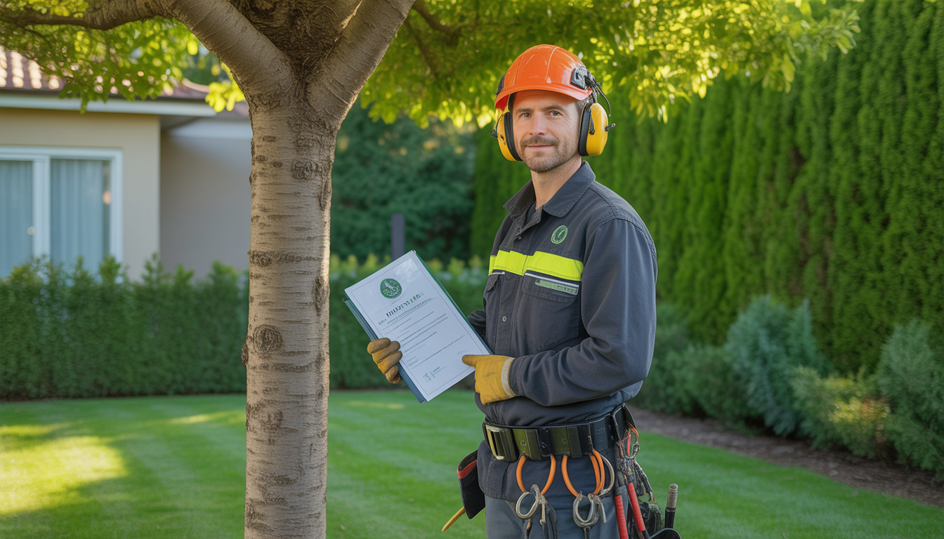 Arboriste grimpeur en élagage professionnel certifié dans un jardin résidentiel à Francheville, équipé de matériel de sécurité