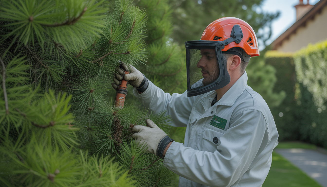 Arboriste certifié en tenue de protection retirant des nids de chenilles processionnaires dans une haie de pins à Lyon