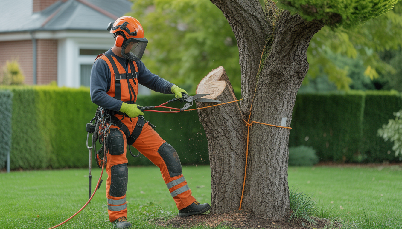 Arboriste professionnel en équipement de sécurité réalisant l'entretien arbres ouest lyonnais dans un jardin résidentiel