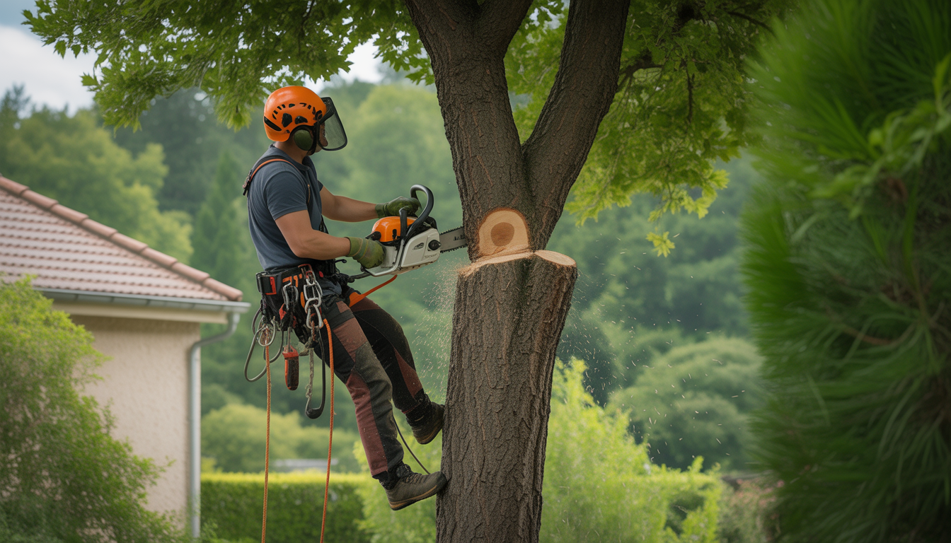 Élagueur certifié pour particulier Ouest Lyonnais travaillant en hauteur avec harnais, casque et tronçonneuse dans un arbre majestueux près de Lyon