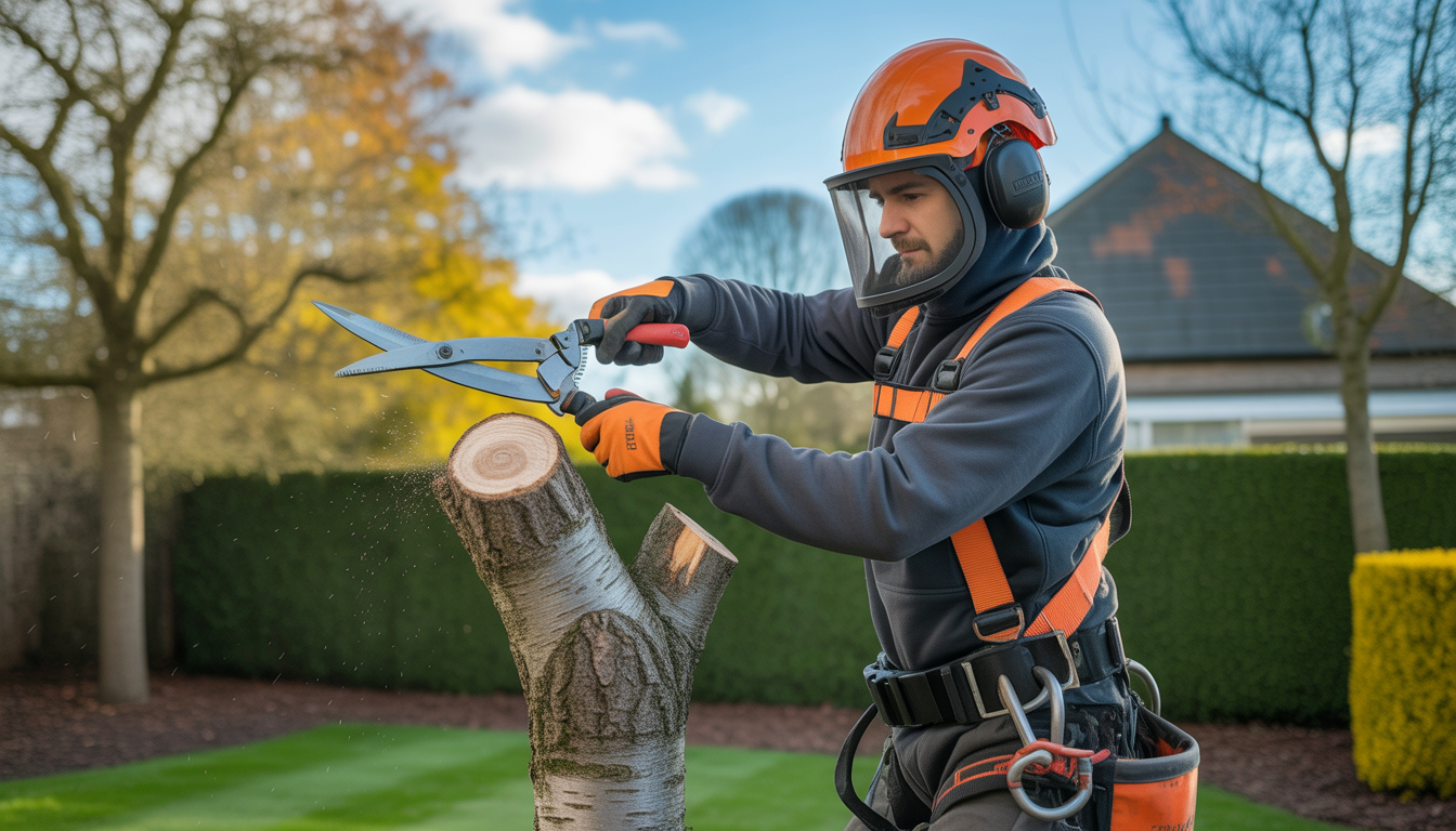 Entretien arbres ouest lyonnais avec arboriste professionnel en équipement de sécurité taillant un arbre mature