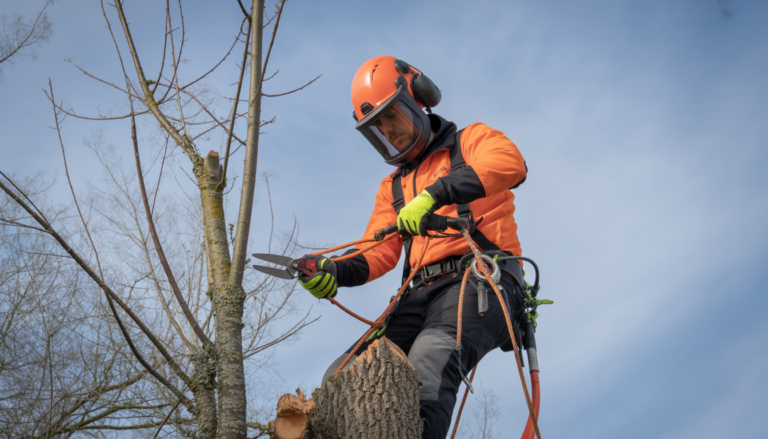 Arboriste professionnel en équipement de sécurité complet effectuant l'entretien arbres ouest lyonnais avec précision sous un ciel automnal
