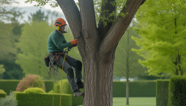 Élagueur professionnel certifié en tenue de sécurité complète grimpant un arbre sain typique de l'ouest de Lyon dans un jardin suburbain paisible