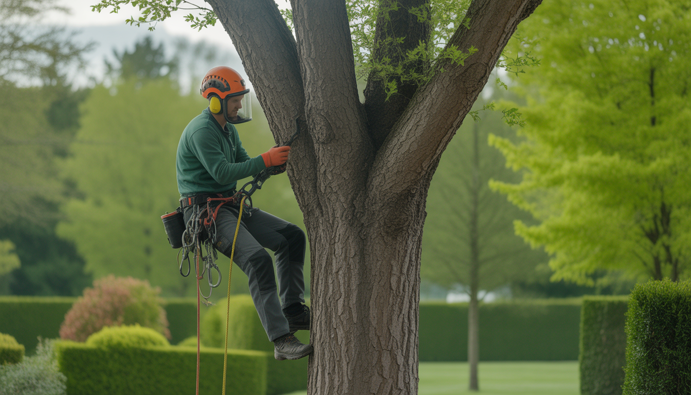 Élagueur professionnel certifié en tenue de sécurité complète grimpant un arbre sain typique de l'ouest de Lyon dans un jardin suburbain paisible