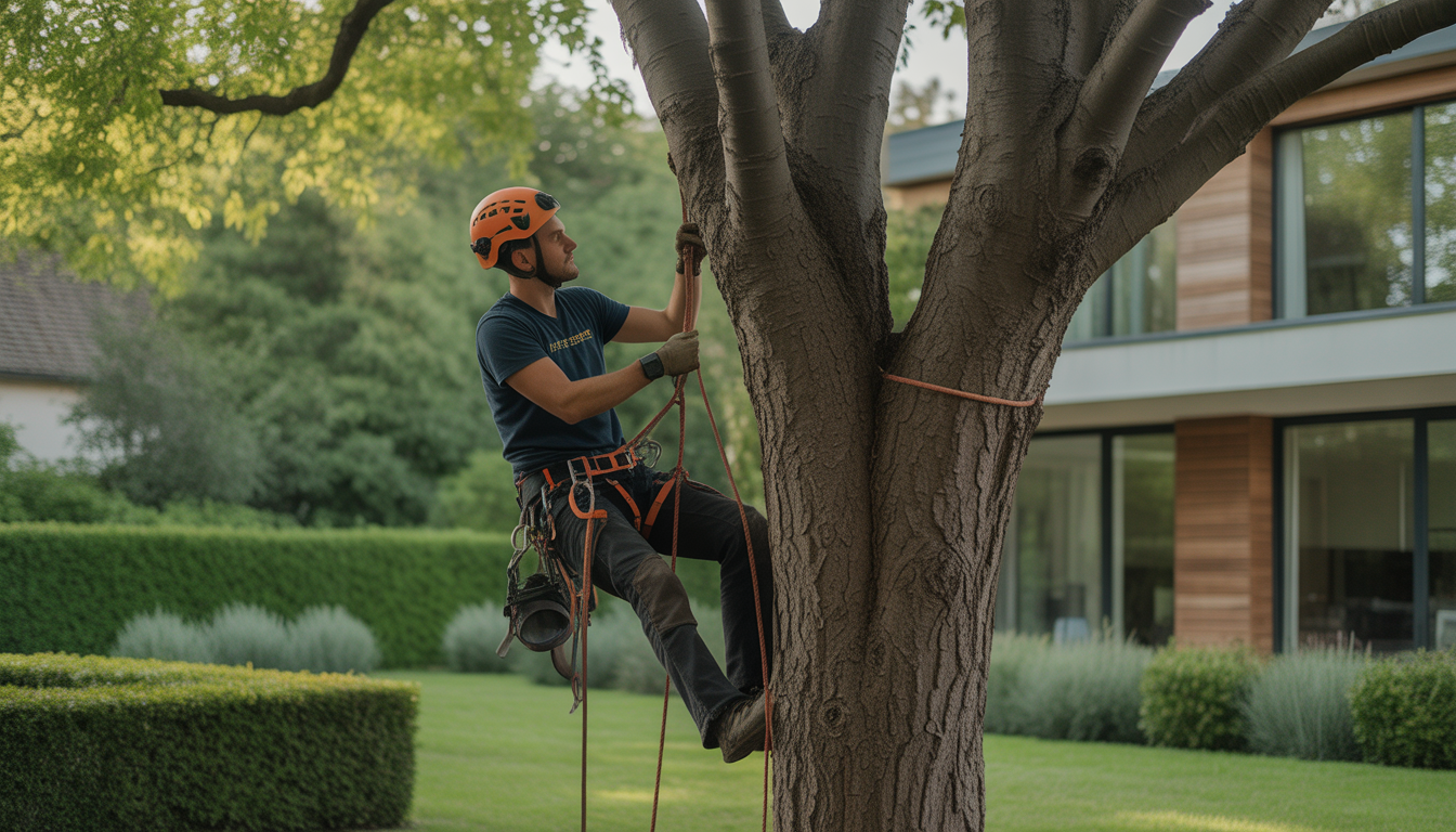 Élagueur certifié Lyon ouest grimpant un grand arbre avec harnais professionnel dans un jardin résidentiel