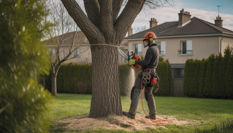 Élagueur professionnel équipé en PPE grimpant un arbre majestueux dans un jardin résidentiel à l'ouest de Lyon