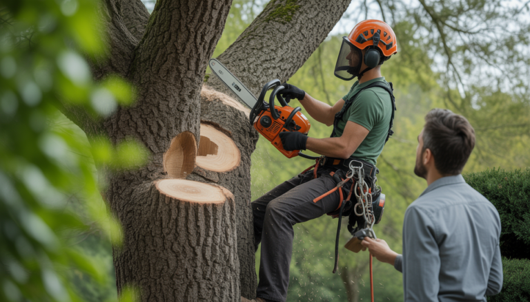 Élagueur grimpeur certifié en harnais et casque utilisant une tronçonneuse dans arbre majestueux, discutant devis élagage avec propriétaire dans jardin suburbain à Tassin-la-Demi-Lune