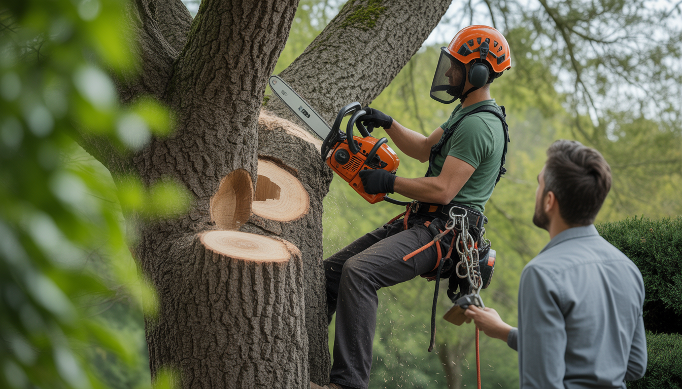 Élagueur grimpeur certifié en harnais et casque utilisant une tronçonneuse dans arbre majestueux, discutant devis élagage avec propriétaire dans jardin suburbain à Tassin-la-Demi-Lune