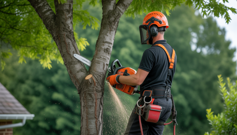 Arboriste certifié élaguant un arbre avec harnais et tronçonneuse dans un jardin résidentiel près de Craponne, Lyon