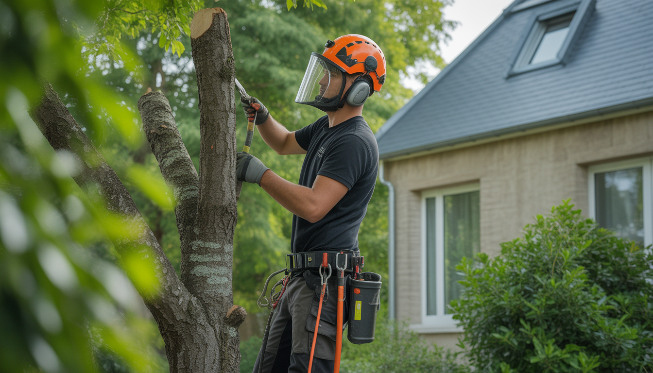Arboriste professionnel en sécurité élaguant un arbre de jardin à Craponne, avec maison bien entretenue et environnement résidentiel verdoyant en arrière-plan