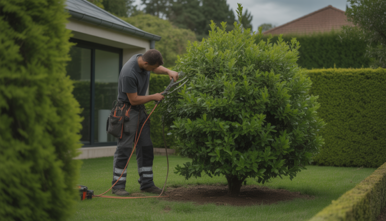 Arboriste professionnel en tenue de sécurité élaguant un arbre dense et feuillu dans un jardin résidentiel près de Craponne, Lyon