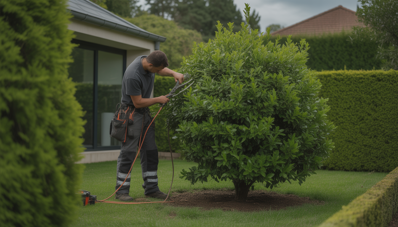 Arboriste professionnel en tenue de sécurité élaguant un arbre dense et feuillu dans un jardin résidentiel près de Craponne, Lyon