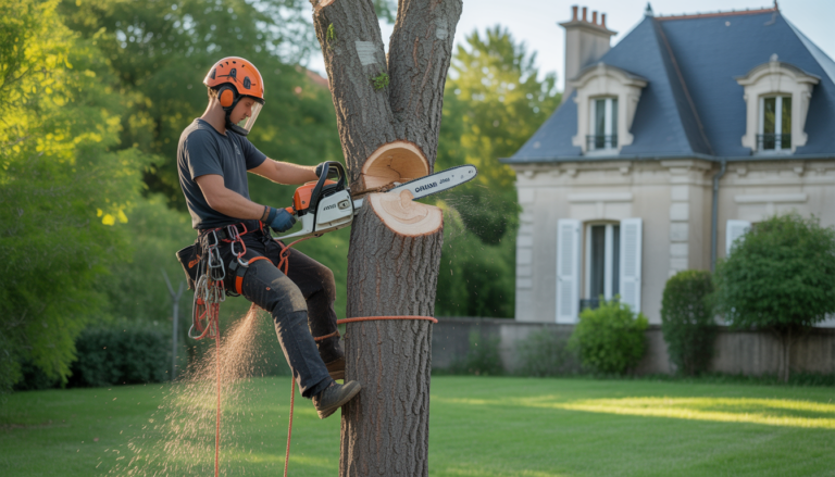 Élagage arbre Craponne : grimpeur certifié travaillant en hauteur sur un arbre sain dans un jardin résidentiel bien entretenu, équipé d'un harnais, casque et tronçonneuse
