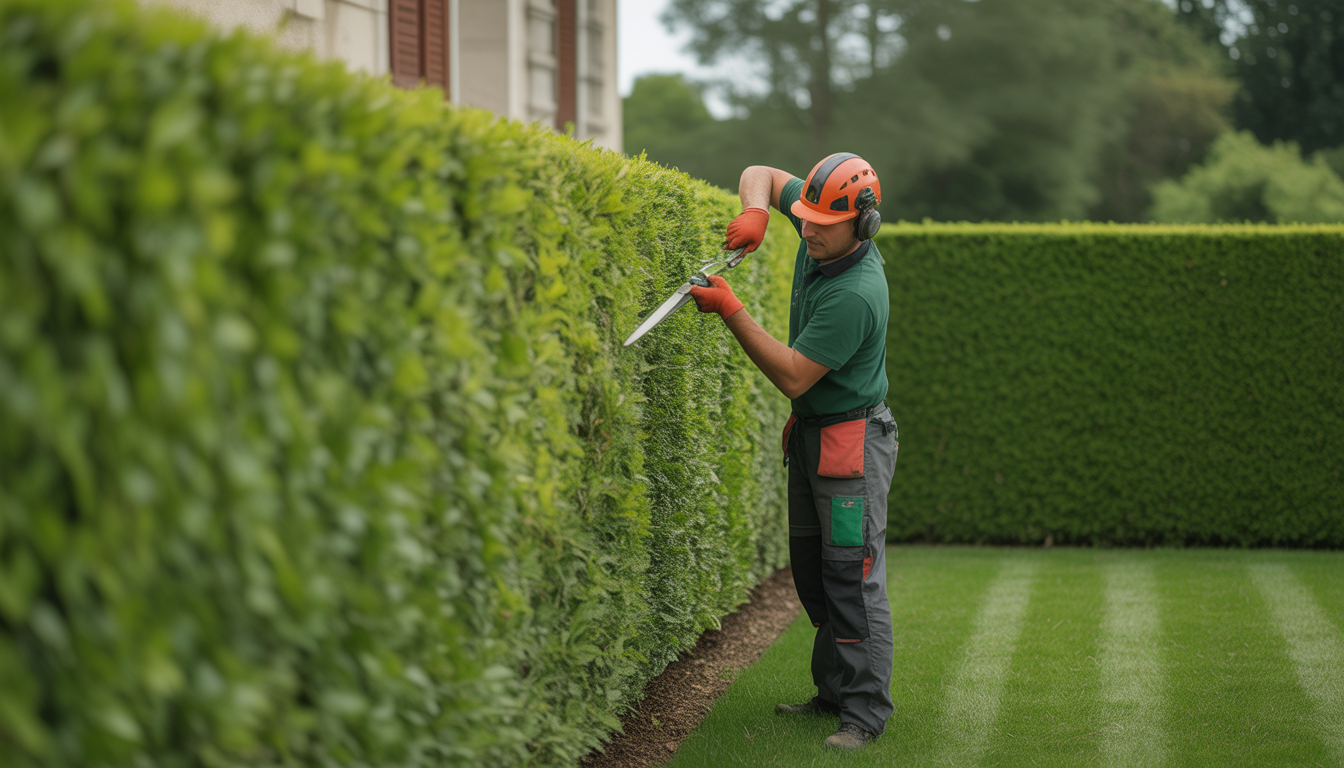 Paysagiste effectuant une taille de haie professionnelle dense et parfaitement alignée dans un jardin bien entretenu près de Lyon