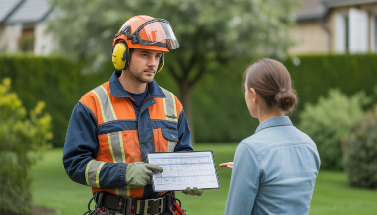 Élagage professionnel certifié réalisé par un arboriste en tenue de sécurité lors d'une consultation personnalisée à Tassin-la-Demi-Lune
