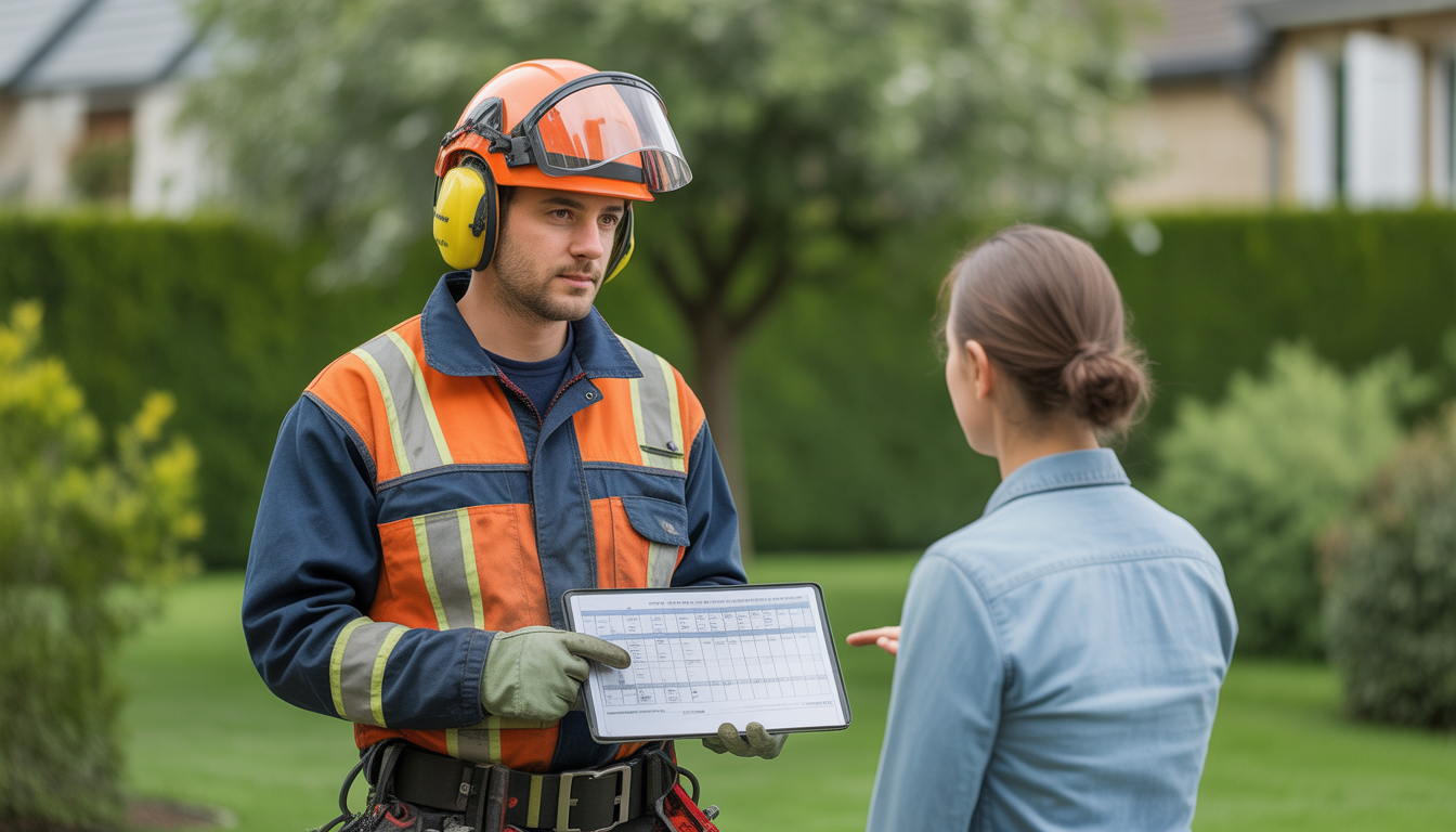 Élagage professionnel certifié réalisé par un arboriste en tenue de sécurité lors d'une consultation personnalisée à Tassin-la-Demi-Lune
