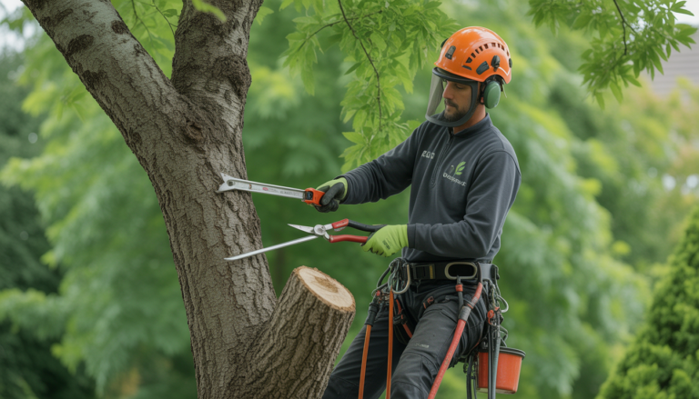 Arboriste certifié en entretien arbres ouest lyonnais utilisant des outils de taille professionnels dans un jardin résidentiel